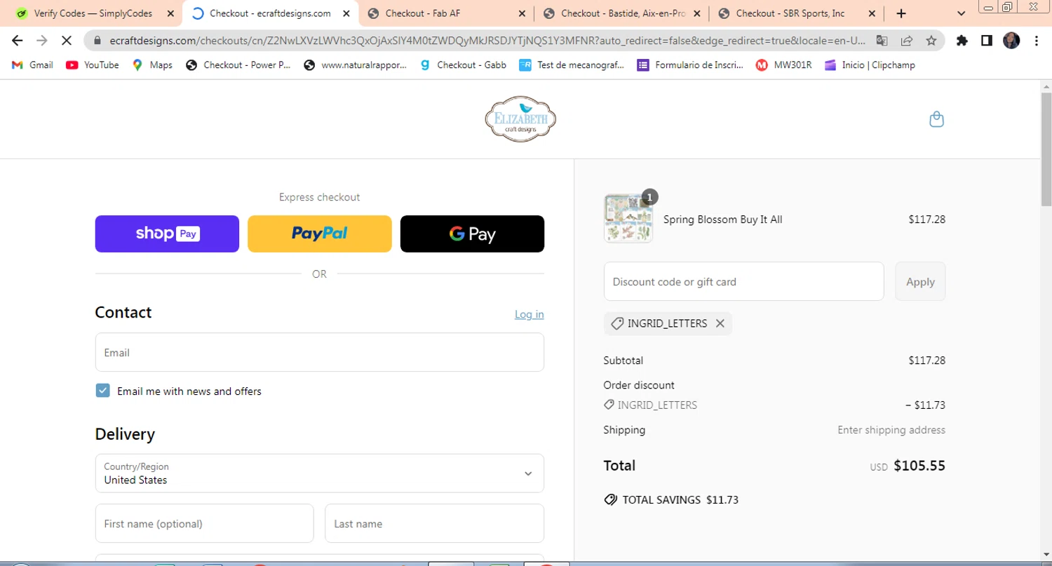 Elizabeth Craft Designs promo code screenshot showing code INGRID_LETTERS applied at Elizabeth Craft Designs checkout page. Uploaded by SimplyCodes community member PennySaver9600 on May 14, 2025