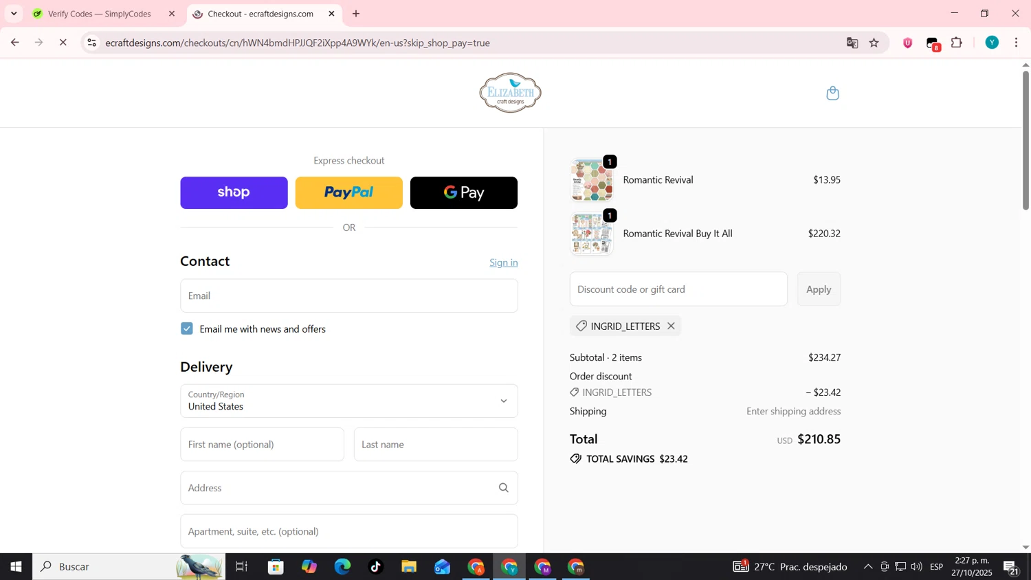 Elizabeth Craft Designs promo code screenshot showing code INGRID_LETTERS applied at Elizabeth Craft Designs checkout page. Uploaded by SimplyCodes community member codygakpo on Oct 27, 2025
