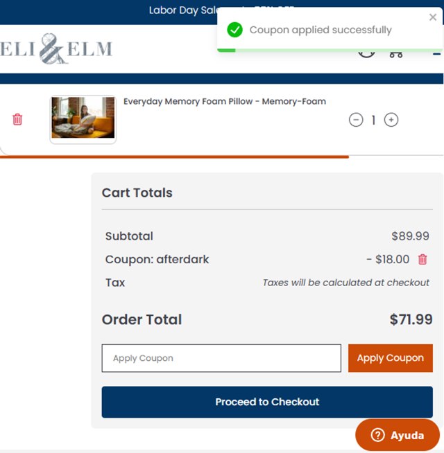 Eli & Elm checkout page showing Eli & Elm coupon code box | Screenshot taken by SimplyCodes community member on Aug 26, 2025