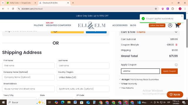 Eli & Elm checkout page showing Eli & Elm coupon code box | Screenshot taken by SimplyCodes community member on Sep 2, 2025