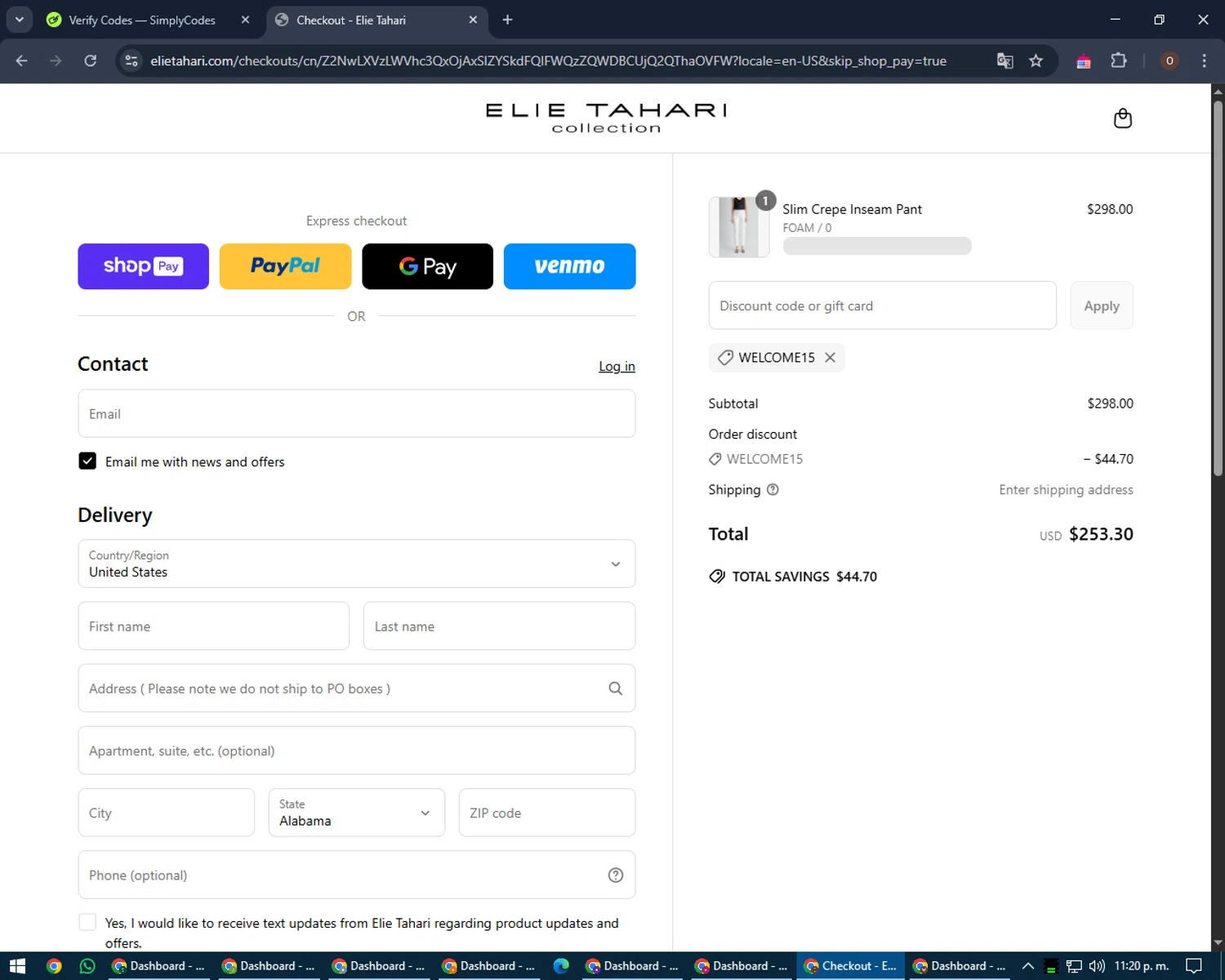 Elie Tahari promo code screenshot showing code WELCOME15 applied at Elie Tahari checkout page. Uploaded by SimplyCodes community member LegendaryAdmiral8649 on May 23, 2025
