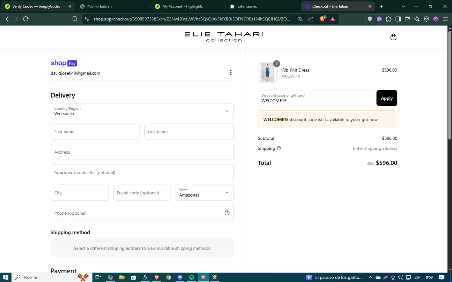 Elie Tahari promo code screenshot showing code WELCOME15 applied at Elie Tahari checkout page. Uploaded by SimplyCodes community member SmartSaver5448 on Jun 4, 2025