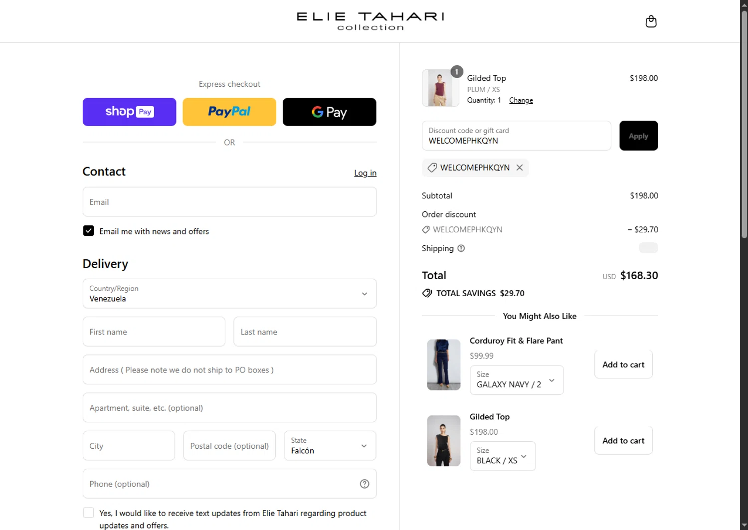 Elie Tahari promo code screenshot showing code WELCOMEPHKQYN applied at Elie Tahari checkout page. Uploaded by SimplyCodes community member VoucherFinder3467 on Jul 8, 2025
