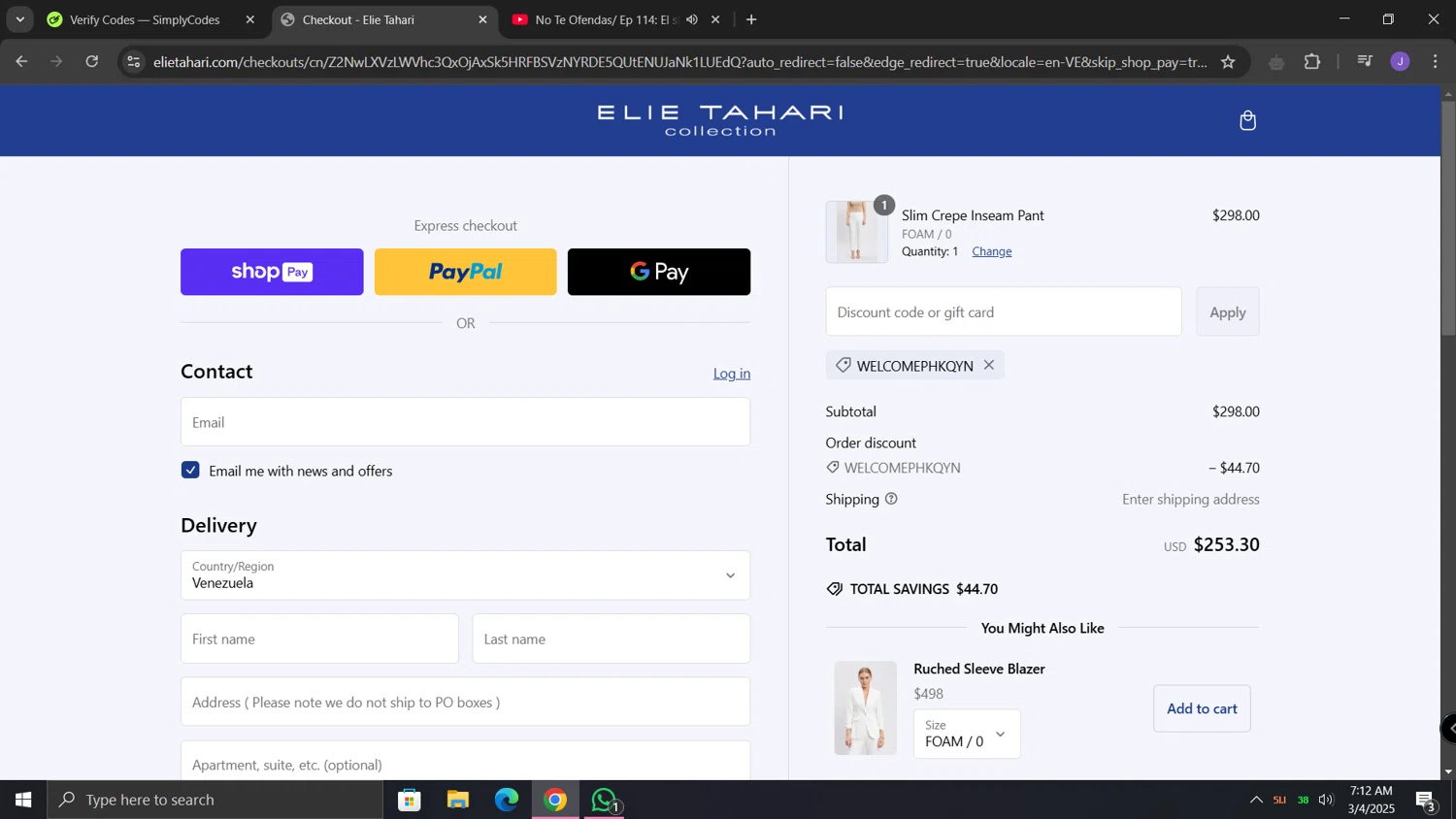 Elie Tahari promo code screenshot showing code WELCOMEPHKQYN applied at Elie Tahari checkout page. Uploaded by SimplyCodes community member lunita on Mar 4, 2025