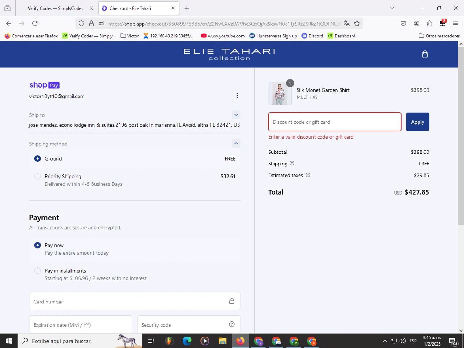 Elie Tahari promo code screenshot showing code Deal15 applied at Elie Tahari checkout page. Uploaded by SimplyCodes community member Garou_Y2K on Feb 1, 2025