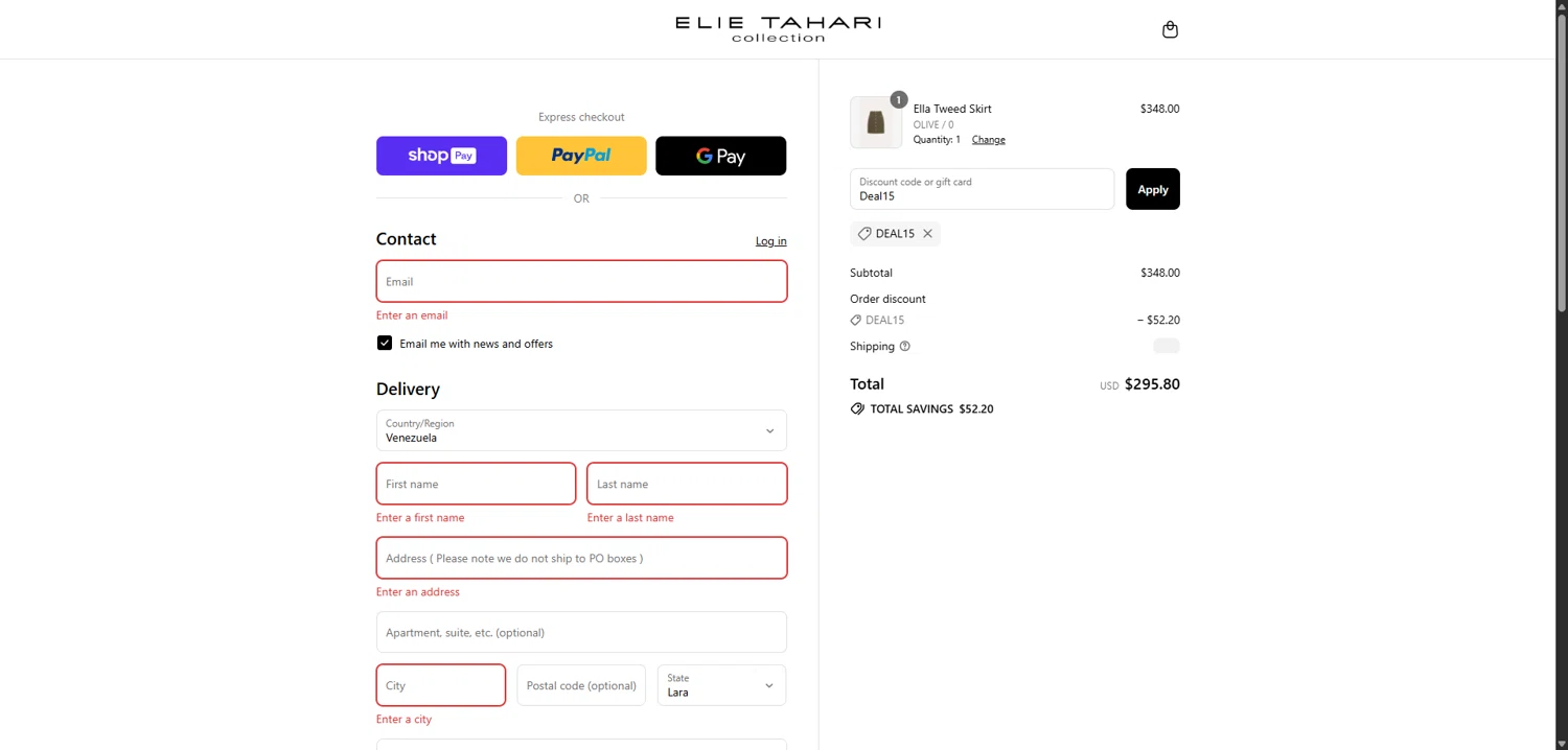 Elie Tahari promo code screenshot showing code Deal15 applied at Elie Tahari checkout page. Uploaded by SimplyCodes community member VictoriousBoss8742 on Jul 30, 2025