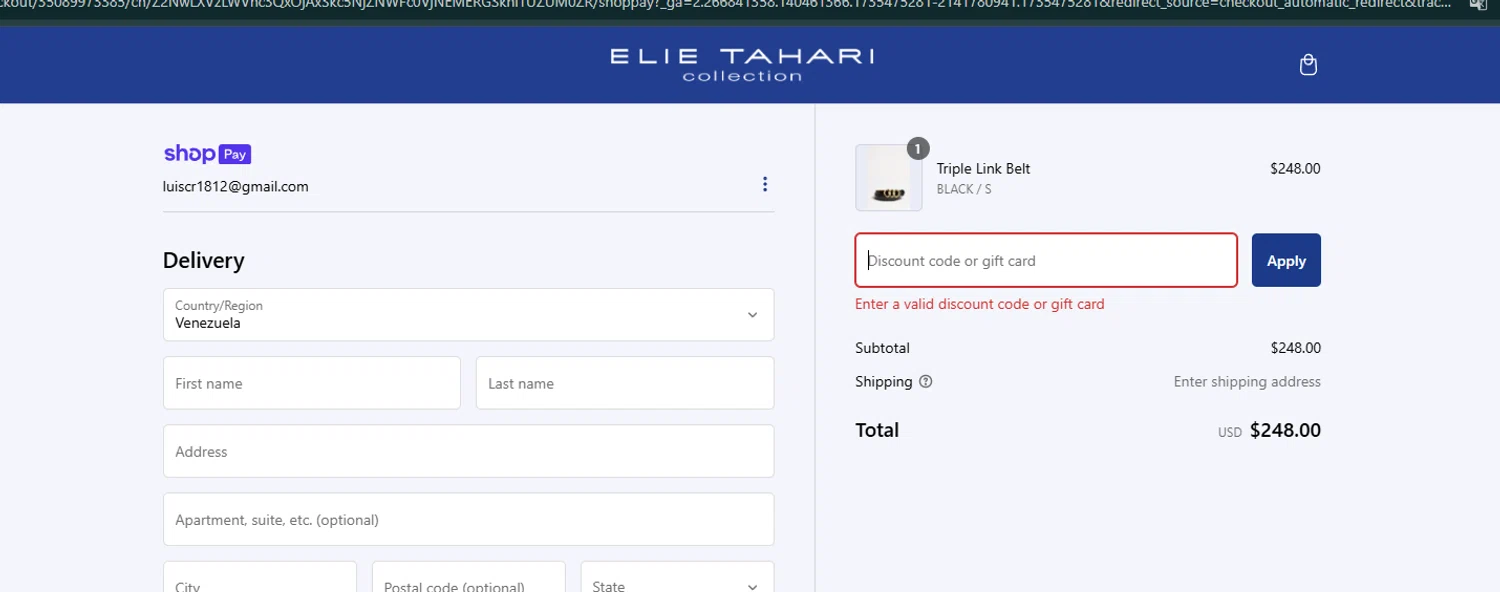 Elie Tahari promo code screenshot showing code FREESHIP applied at Elie Tahari checkout page. Uploaded by SimplyCodes community member PrimeFalcon5548 on Dec 29, 2024
