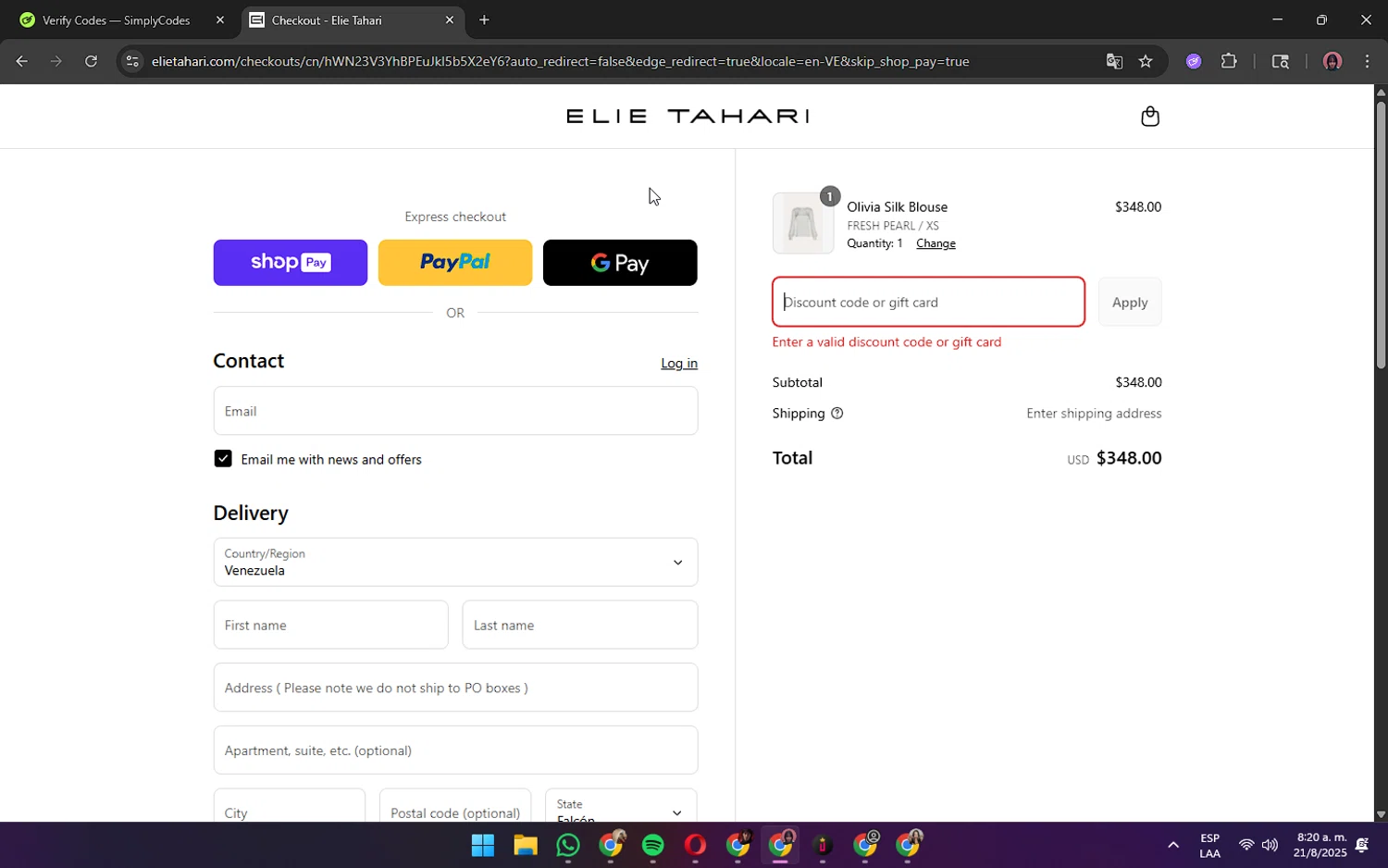Elie Tahari promo code screenshot showing code NATALIA20 applied at Elie Tahari checkout page. Uploaded by SimplyCodes community member ShrewdPilot3521 on Aug 21, 2025