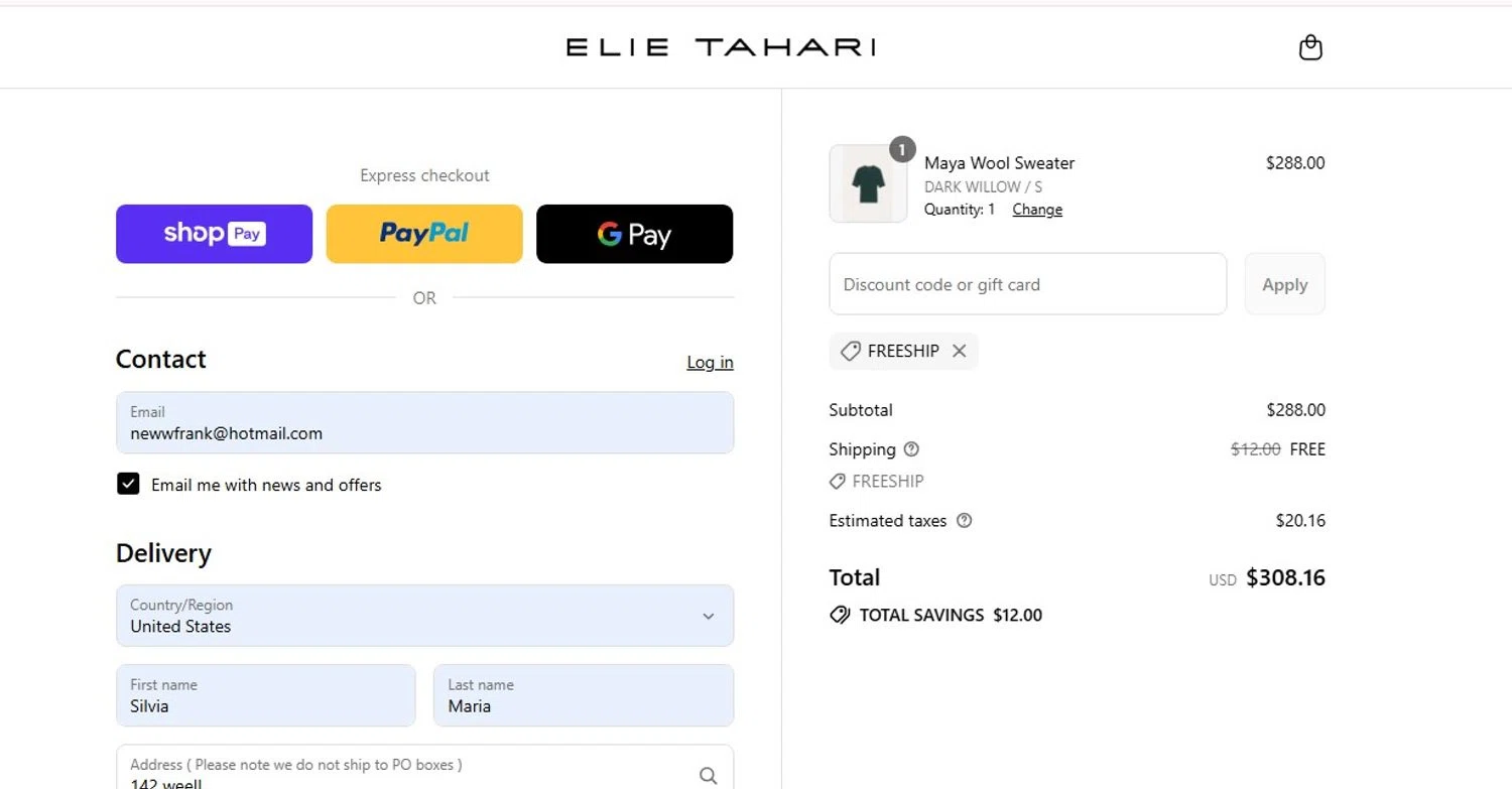 Elie Tahari promo code screenshot showing code FREESHIP applied at Elie Tahari checkout page. Uploaded by SimplyCodes community member angelfigueroa2008 on Aug 25, 2025
