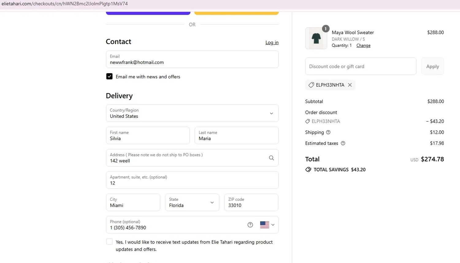 Elie Tahari promo code screenshot showing code ELPH33NHTA applied at Elie Tahari checkout page. Uploaded by SimplyCodes community member angelfigueroa2008 on Aug 25, 2025