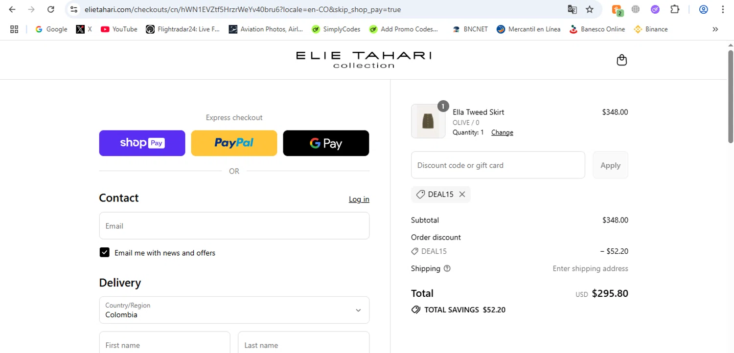 Elie Tahari promo code screenshot showing code DEAL15 applied at Elie Tahari checkout page. Uploaded by SimplyCodes community member victor on Jul 30, 2025