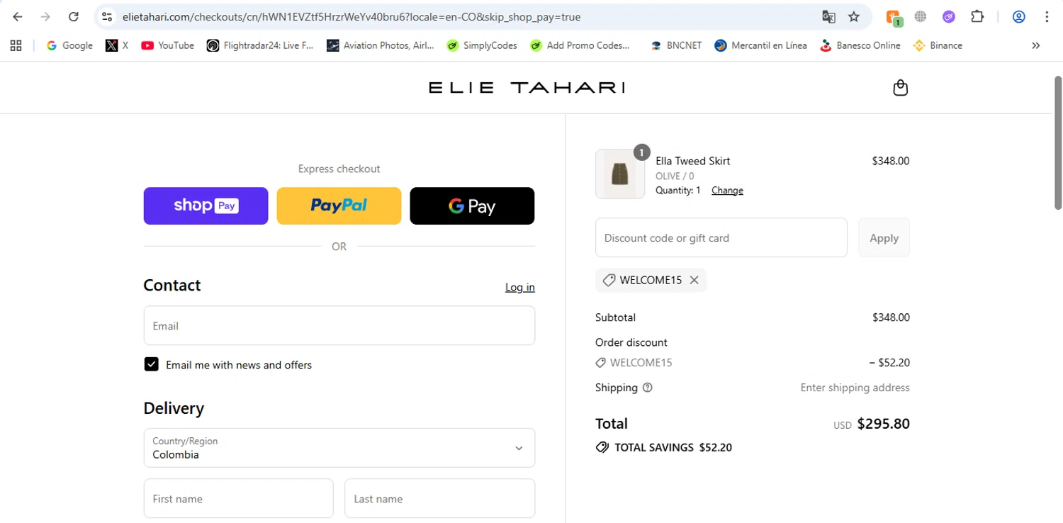Elie Tahari promo code screenshot showing code WELCOME15 applied at Elie Tahari checkout page. Uploaded by SimplyCodes community member victor on Aug 21, 2025