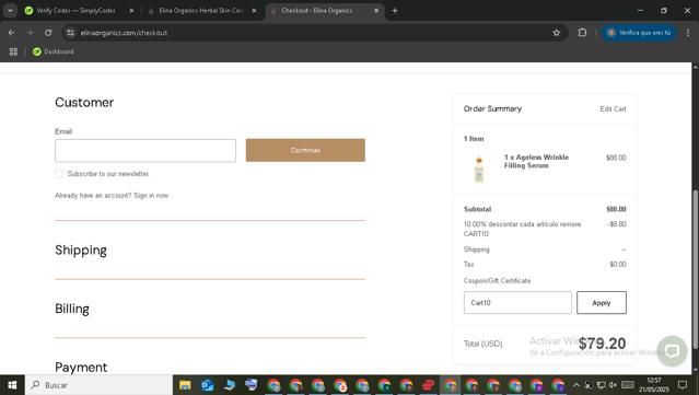 Elina Organics checkout page showing Elina Organics coupon code box | Screenshot taken by SimplyCodes community member on May 21, 2025