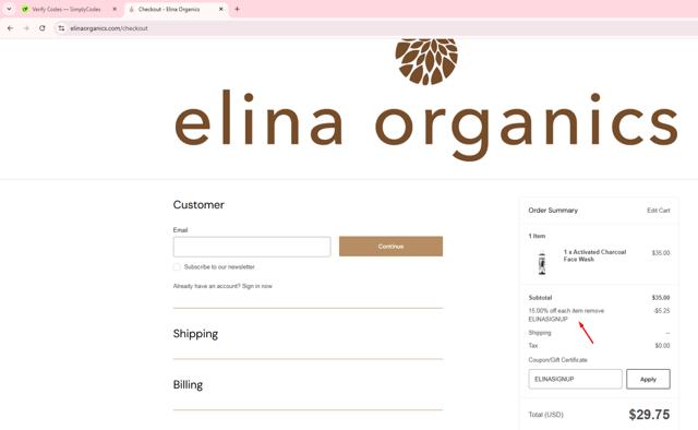 Elina Organics checkout page showing Elina Organics coupon code box | Screenshot taken by SimplyCodes community member on May 21, 2025