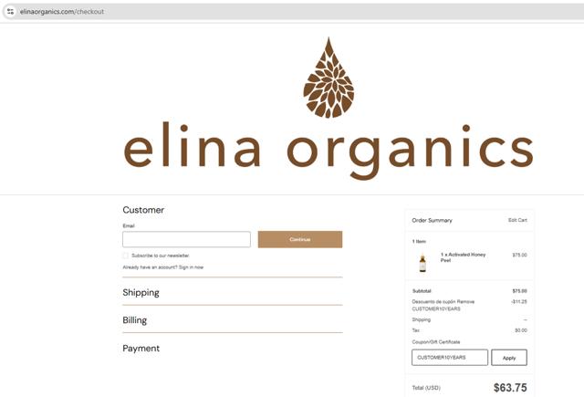 Elina Organics checkout page showing Elina Organics coupon code box | Screenshot taken by SimplyCodes community member on Jul 22, 2025