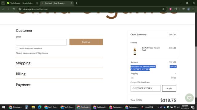 Elina Organics checkout page showing Elina Organics coupon code box | Screenshot taken by SimplyCodes community member on Jul 22, 2025