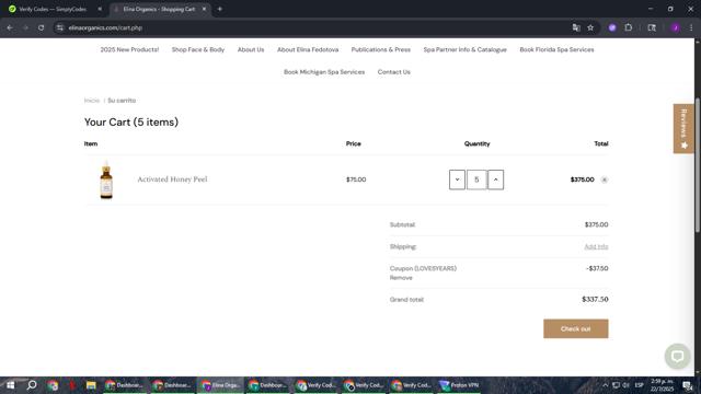 Elina Organics checkout page showing Elina Organics coupon code box | Screenshot taken by SimplyCodes community member on Jul 22, 2025