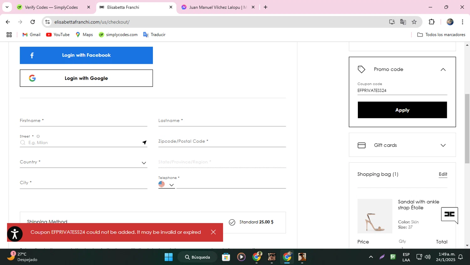 Elisabetta Franchi promo code screenshot showing code EFPRIVATESS24 applied at Elisabetta Franchi checkout page. Uploaded by SimplyCodes community member ELROJO on Jan 24, 2025