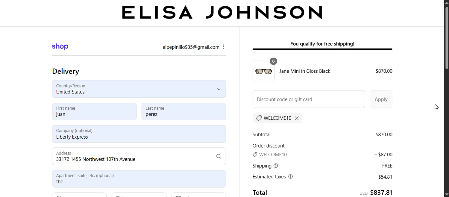 Elisa Johnson discount code screenshot showing code WELCOME10 applied at Elisa Johnson checkout page. Uploaded by SimplyCodes community member Enmanuel99 on Sep 17, 2025