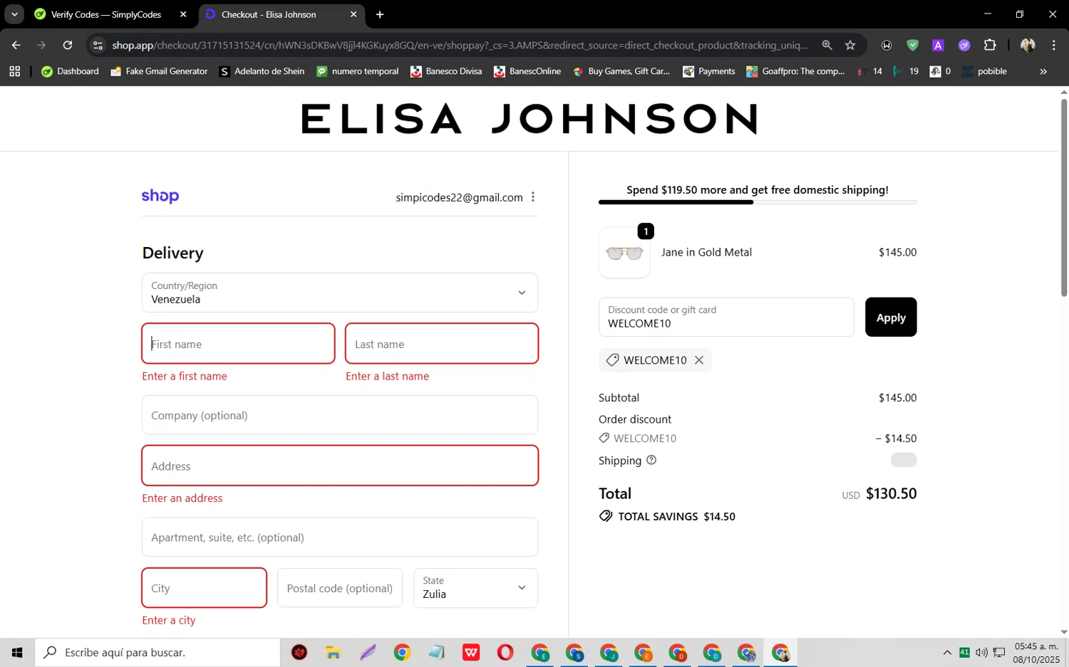 Elisa Johnson discount code screenshot showing code WELCOME10 applied at Elisa Johnson checkout page. Uploaded by SimplyCodes community member jeysosmoore on Oct 8, 2025