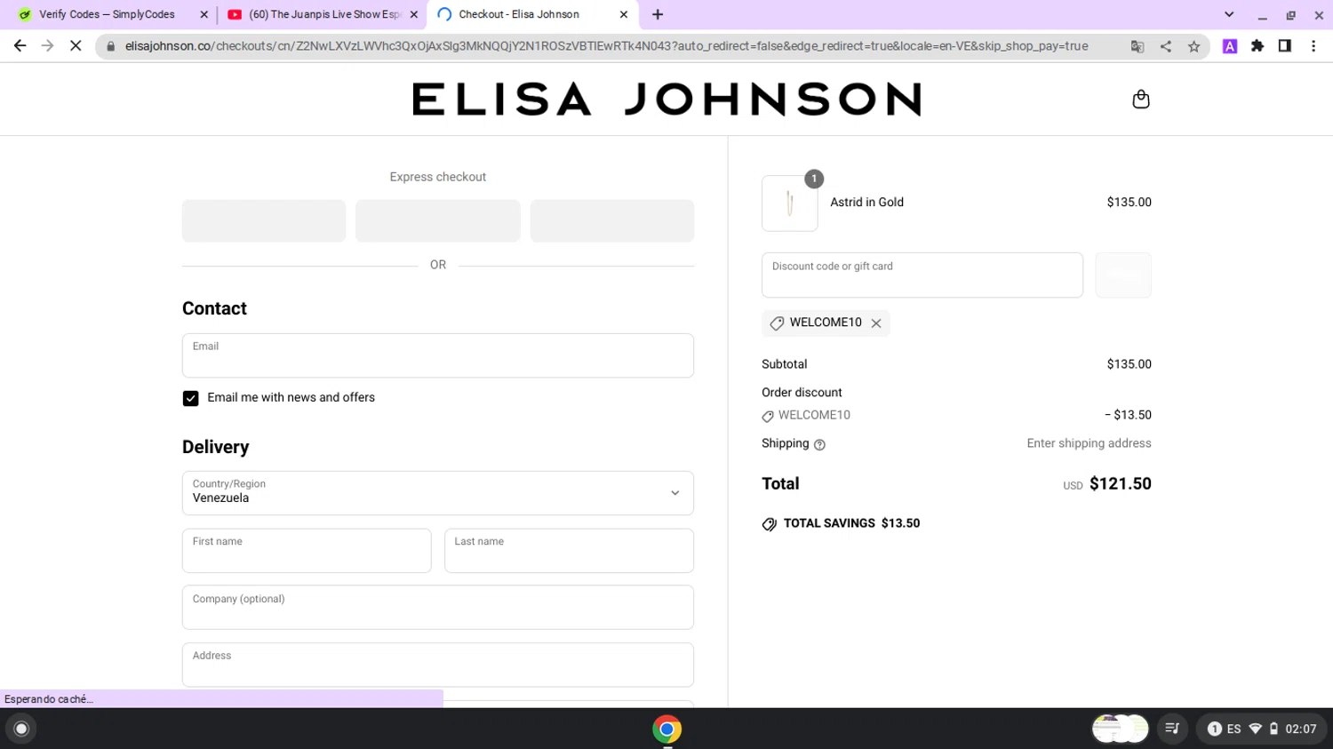 Elisa Johnson discount code screenshot showing code WELCOME10 applied at Elisa Johnson checkout page. Uploaded by SimplyCodes community member lapampita on Jun 8, 2025
