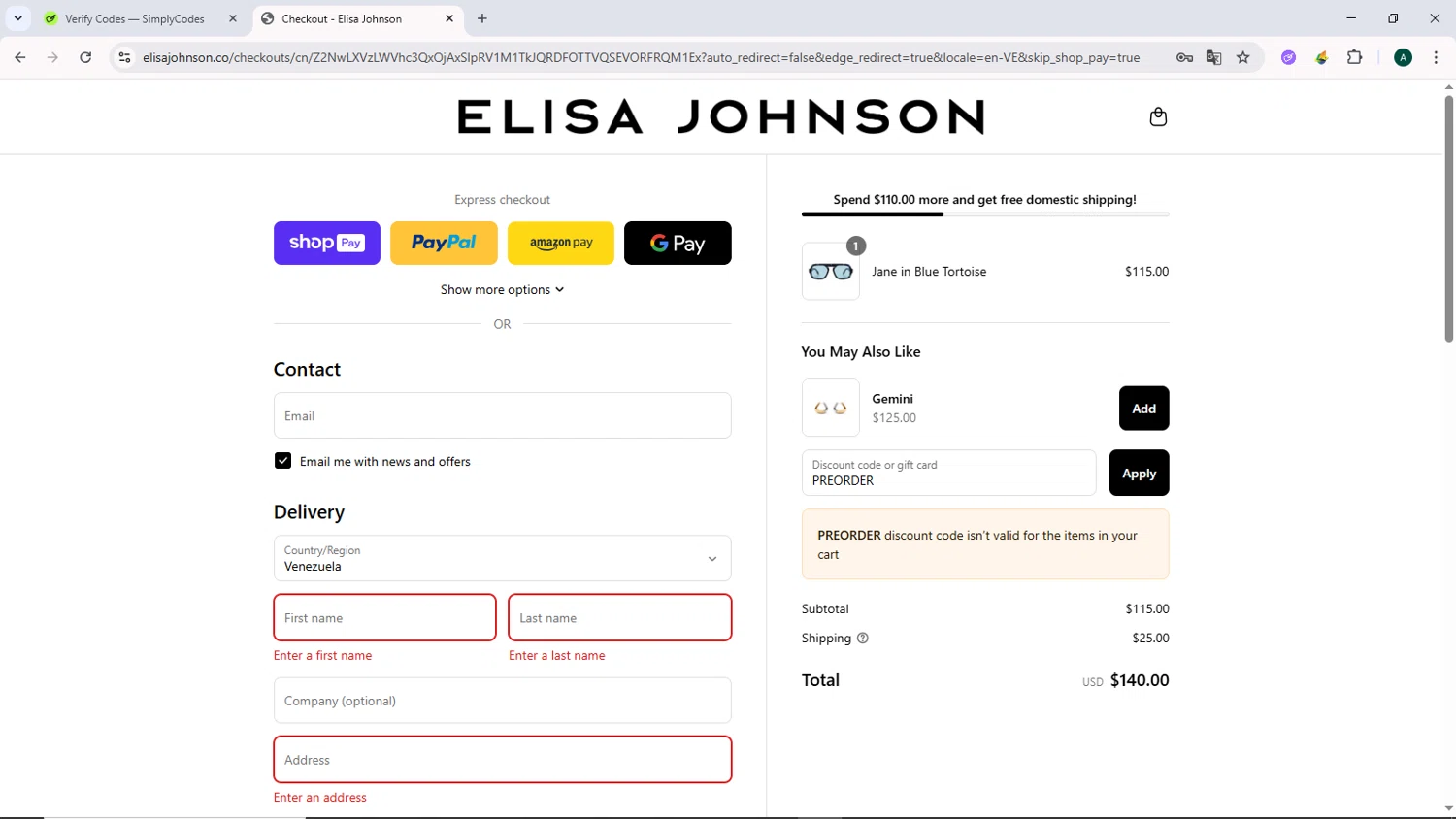 Elisa Johnson discount code screenshot showing code PREORDER applied at Elisa Johnson checkout page. Uploaded by SimplyCodes community member DiscountCurator2907 on Jul 9, 2025