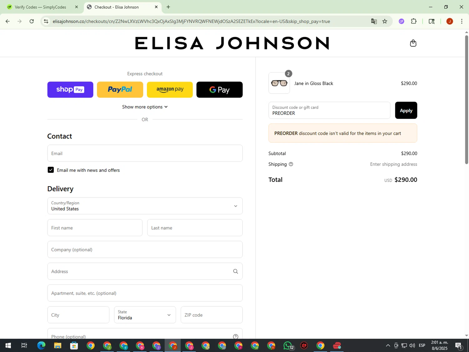 Elisa Johnson discount code screenshot showing code PREORDER applied at Elisa Johnson checkout page. Uploaded by SimplyCodes community member KimDokja on Jun 8, 2025