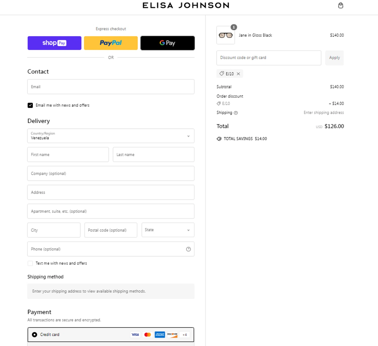 Elisa Johnson discount code screenshot showing code Ej10 applied at Elisa Johnson checkout page. Uploaded by SimplyCodes community member Noah19 on Jan 17, 2025