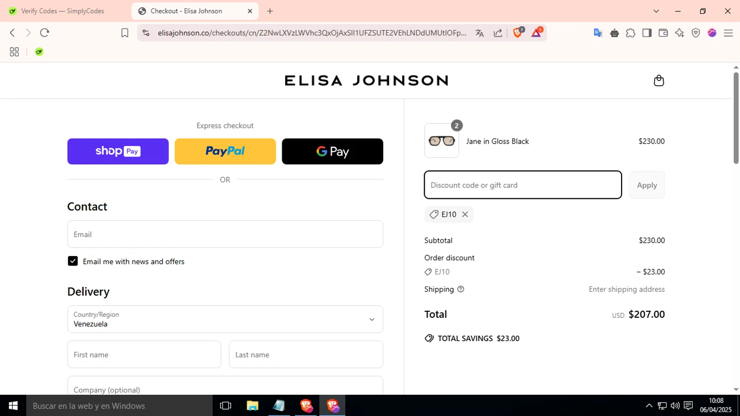 Elisa Johnson discount code screenshot showing code Ej10 applied at Elisa Johnson checkout page. Uploaded by SimplyCodes community member LuckyFox7067 on Apr 6, 2025