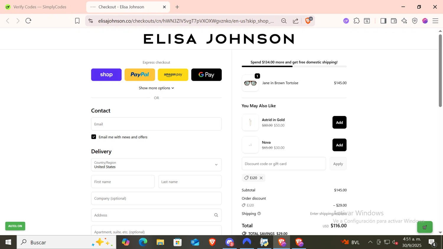 Elisa Johnson discount code screenshot showing code EJ20 applied at Elisa Johnson checkout page. Uploaded by SimplyCodes community member CODMOBILE1 on Sep 30, 2025