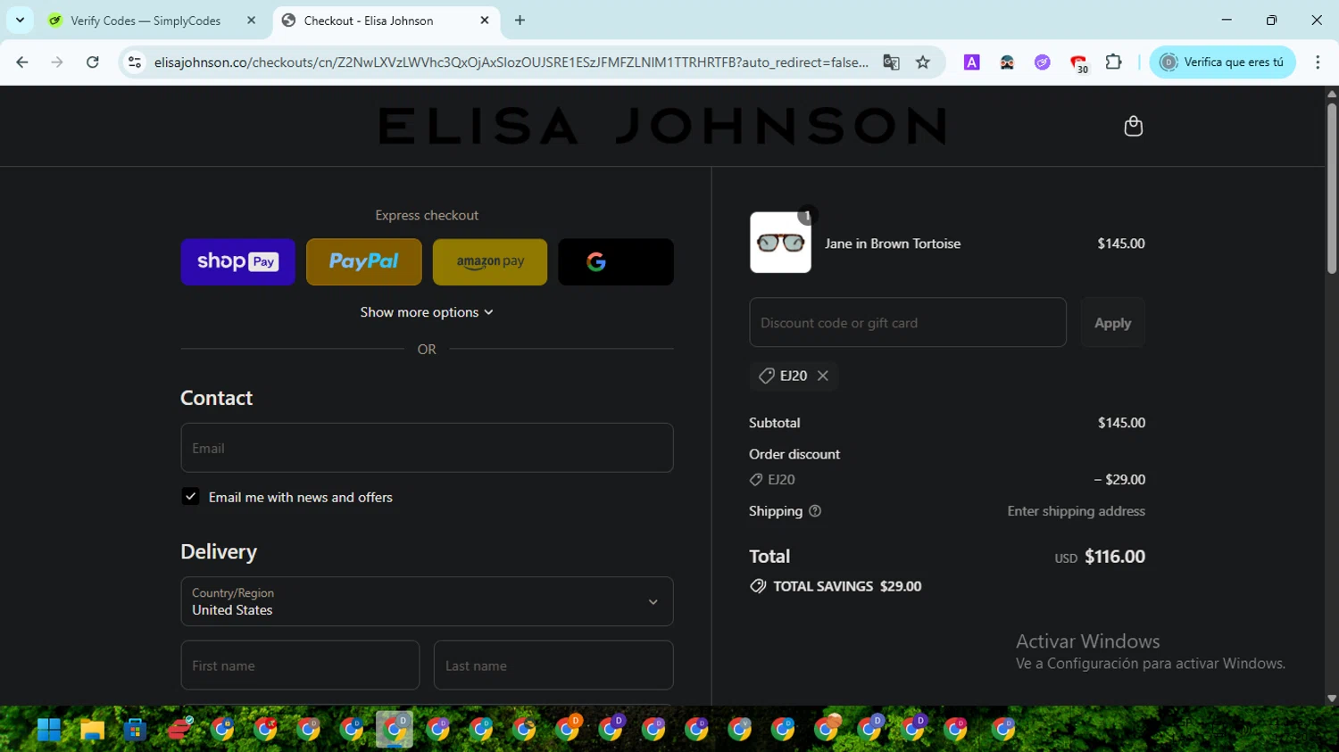 Elisa Johnson discount code screenshot showing code EJ20 applied at Elisa Johnson checkout page. Uploaded by SimplyCodes community member ScanMaven5756 on Jul 1, 2025