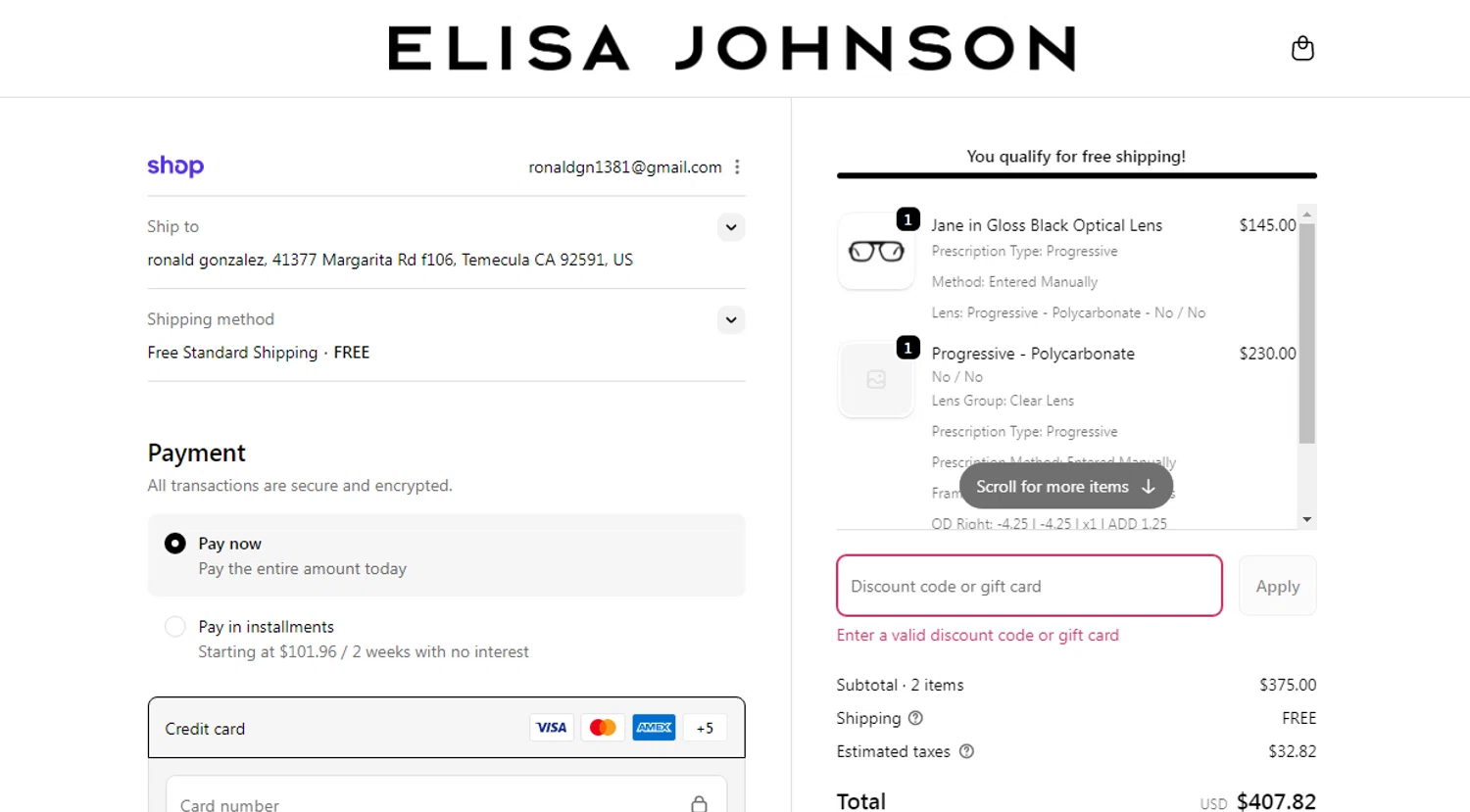 Elisa Johnson discount code screenshot showing code OPT30 applied at Elisa Johnson checkout page. Uploaded by SimplyCodes community member CleverAdmiral7613 on Nov 22, 2025