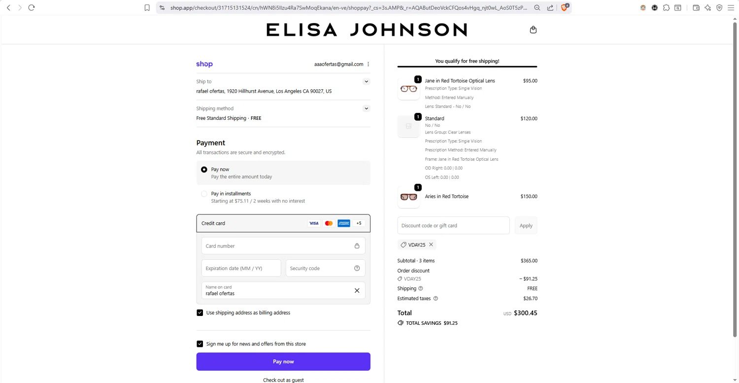 Elisa Johnson checkout page showing Elisa Johnson discount code box | Screenshot taken by SimplyCodes community member on Feb 12, 2026
