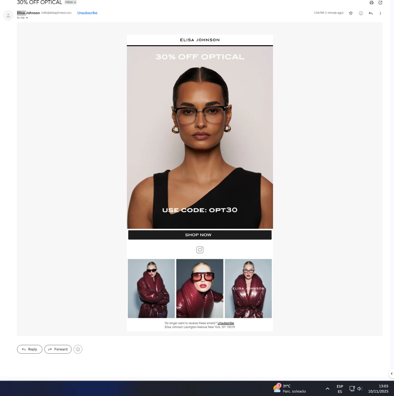 Elisa Johnson discount code screenshot showing code OPT30 applied at Elisa Johnson checkout page. Uploaded by SimplyCodes community member UnkNownVnzla on Nov 10, 2025