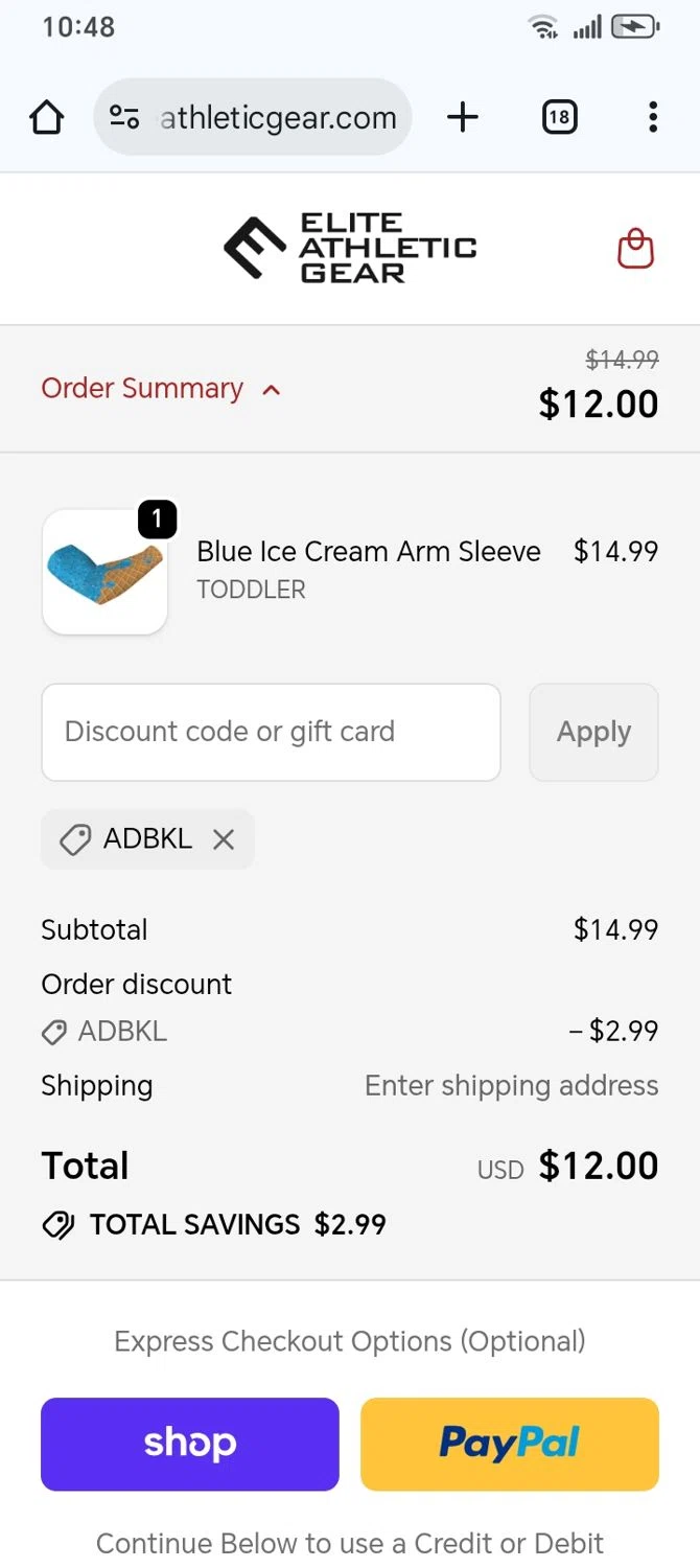 Elite Athletic Gear discount code screenshot showing code ADBKL applied at Elite Athletic Gear checkout page. Uploaded by SimplyCodes community member franksanchez on Feb 11, 2026