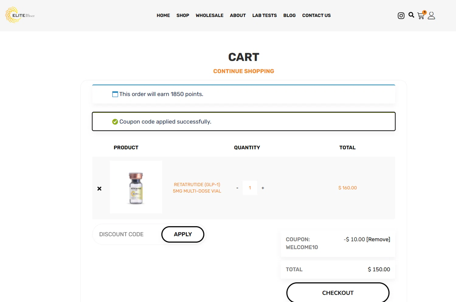 Elite Bioscience promo code screenshot showing code welcome10 applied at Elite Bioscience checkout page. Uploaded by SimplyCodes community member salepmigajera on Dec 3, 2025