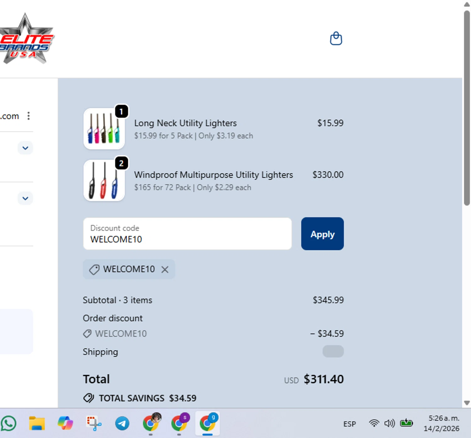 Elite Brands USA promo code screenshot showing code WELCOME10 applied at Elite Brands USA checkout page. Uploaded by SimplyCodes community member FrugalVirtuoso6318 on Feb 14, 2026