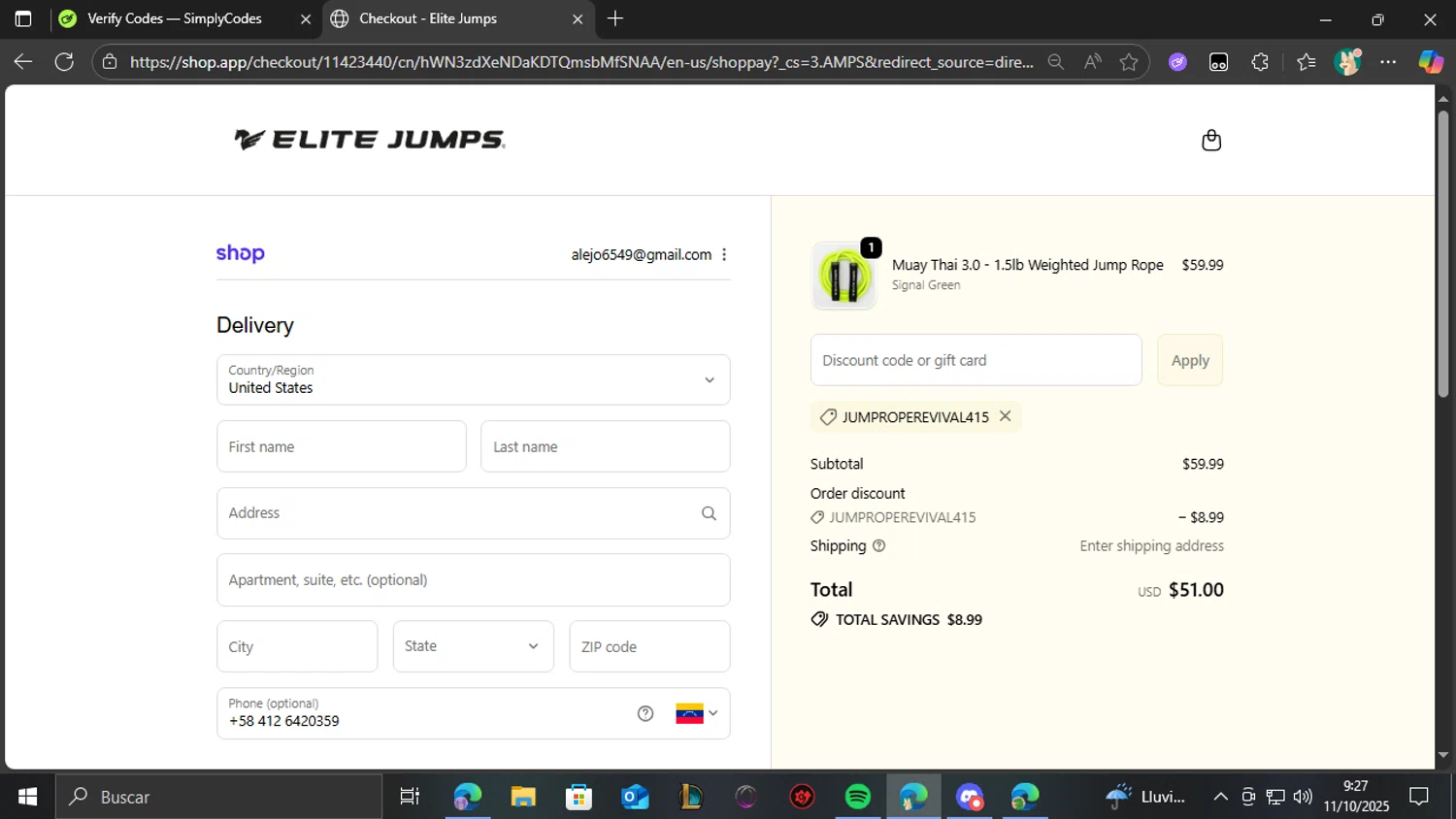 Elite Jumps discount code screenshot showing code JUMPROPEREVIVAL415 applied at Elite Jumps checkout page. Uploaded by SimplyCodes community member CashCollector4109 on Oct 11, 2025