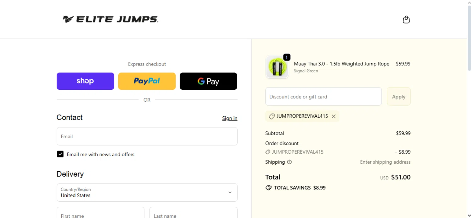 Elite Jumps discount code screenshot showing code JUMPROPEREVIVAL415 applied at Elite Jumps checkout page. Uploaded by SimplyCodes community member Nubelinda on Oct 7, 2025