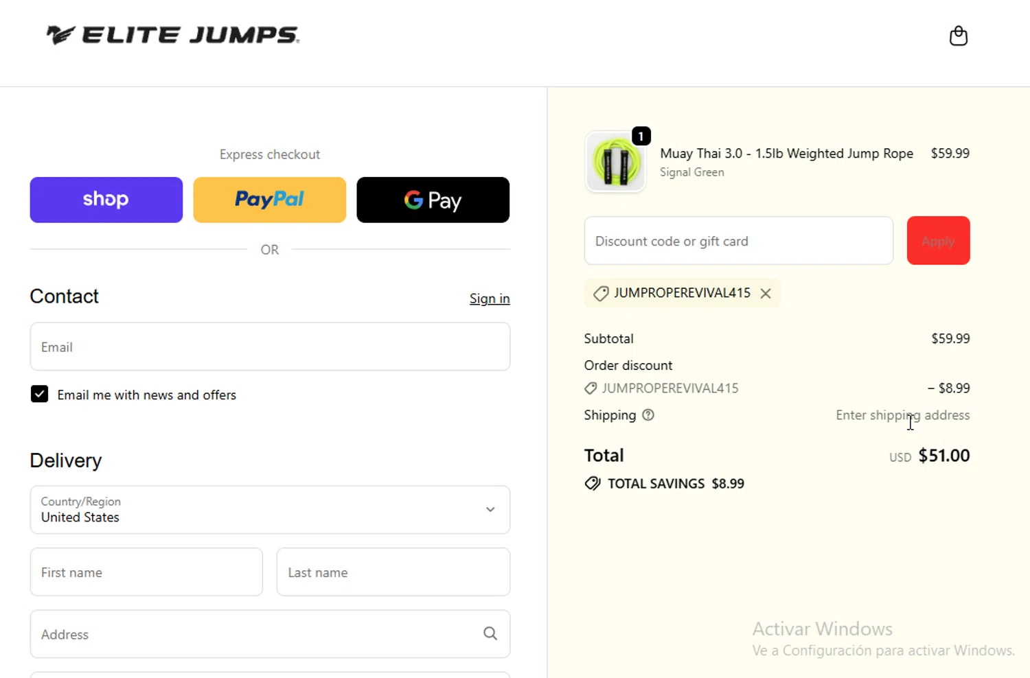 Elite Jumps discount code screenshot showing code JUMPROPEREVIVAL415 applied at Elite Jumps checkout page. Uploaded by SimplyCodes community member ligthYA on Oct 28, 2025