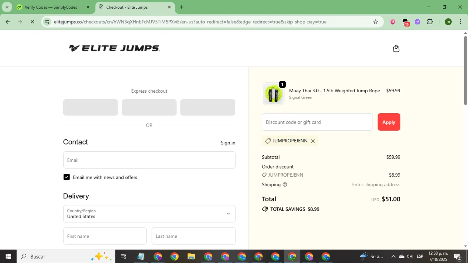 Elite Jumps discount code screenshot showing code JUMPROPEJENN applied at Elite Jumps checkout page. Uploaded by SimplyCodes community member CoinSage7057 on Oct 7, 2025