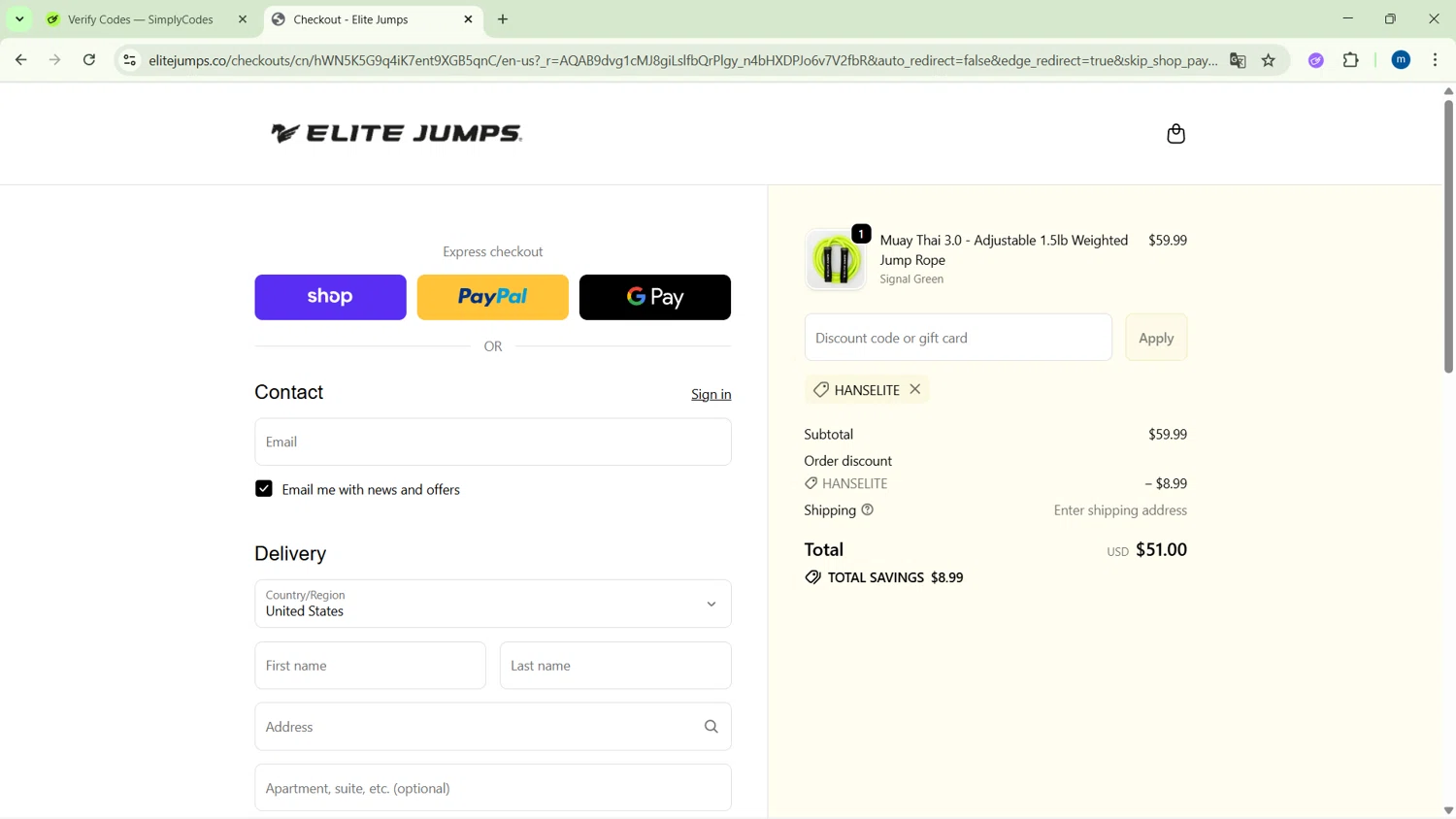 Elite Jumps discount code screenshot showing code HANSELITE applied at Elite Jumps checkout page. Uploaded by SimplyCodes community member GloriousSpotter8024 on Nov 15, 2025