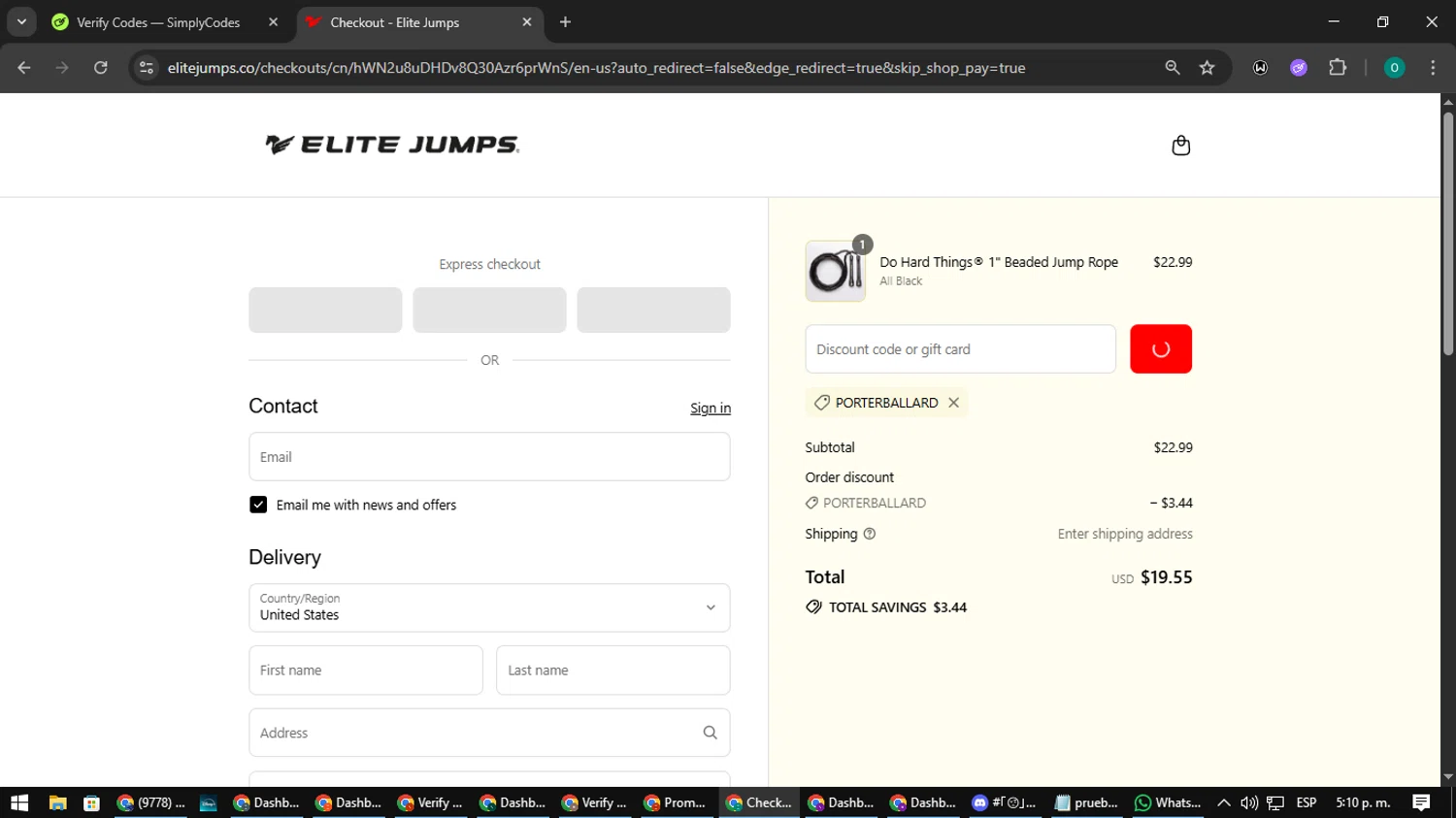 Elite Jumps discount code screenshot showing code PORTERBALLARD applied at Elite Jumps checkout page. Uploaded by SimplyCodes community member LuckyDefender9428 on Sep 12, 2025
