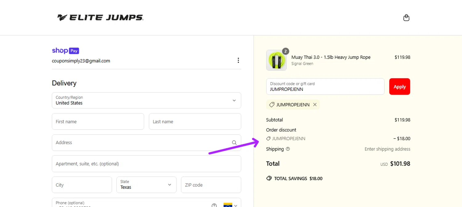 Elite Jumps discount code screenshot showing code JUMPROPEJENN applied at Elite Jumps checkout page. Uploaded by SimplyCodes community member CarmenAyuth on May 3, 2025