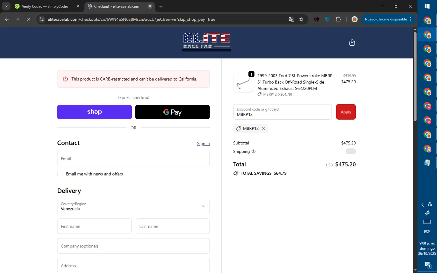 Elite Race Fab discount code screenshot showing code MBRP12 applied at Elite Race Fab checkout page. Uploaded by SimplyCodes community member ValiantWarden8956 on Oct 27, 2025