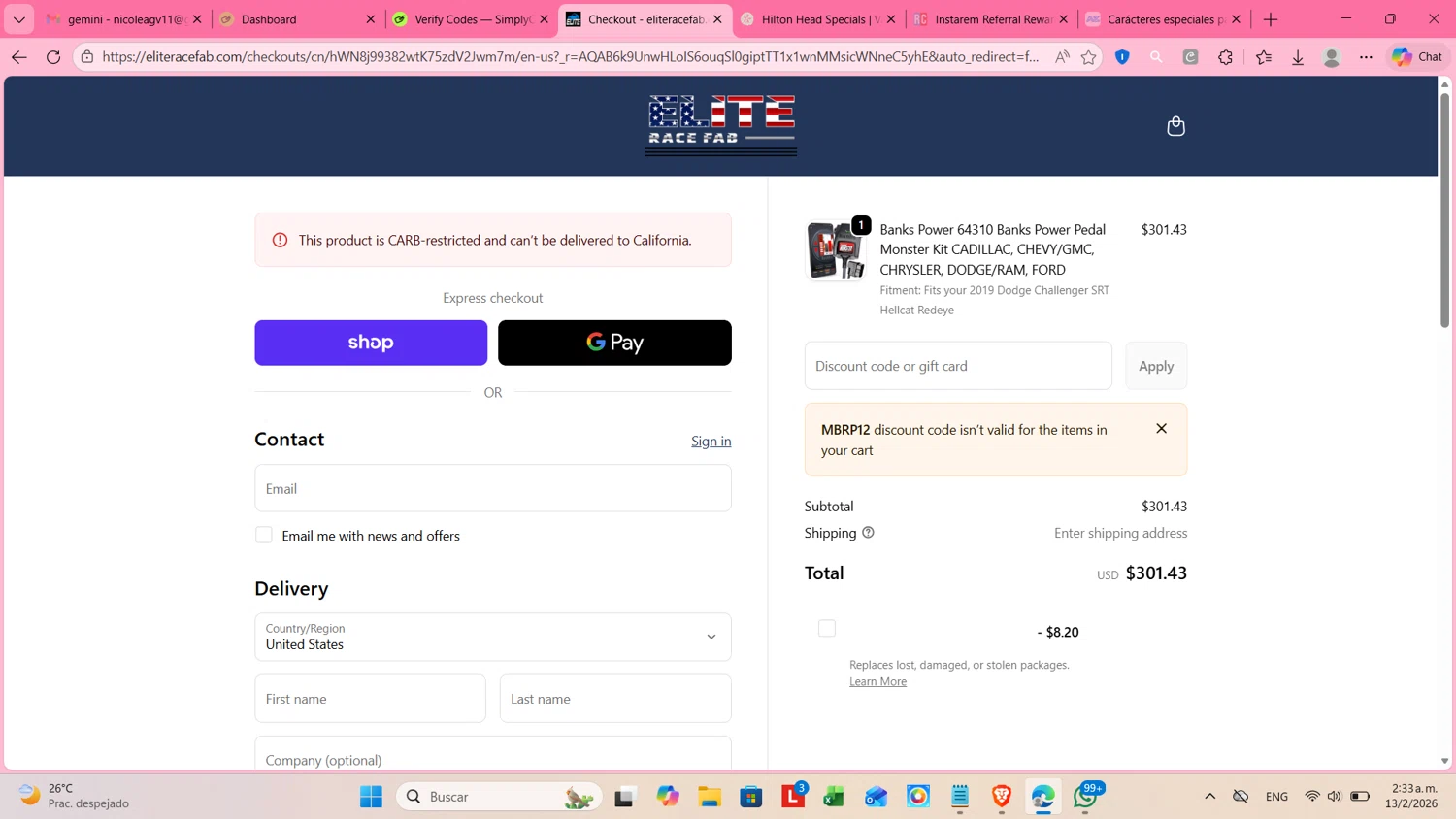Elite Race Fab discount code screenshot showing code MBRP12 applied at Elite Race Fab checkout page. Uploaded by SimplyCodes community member cosita on Feb 13, 2026