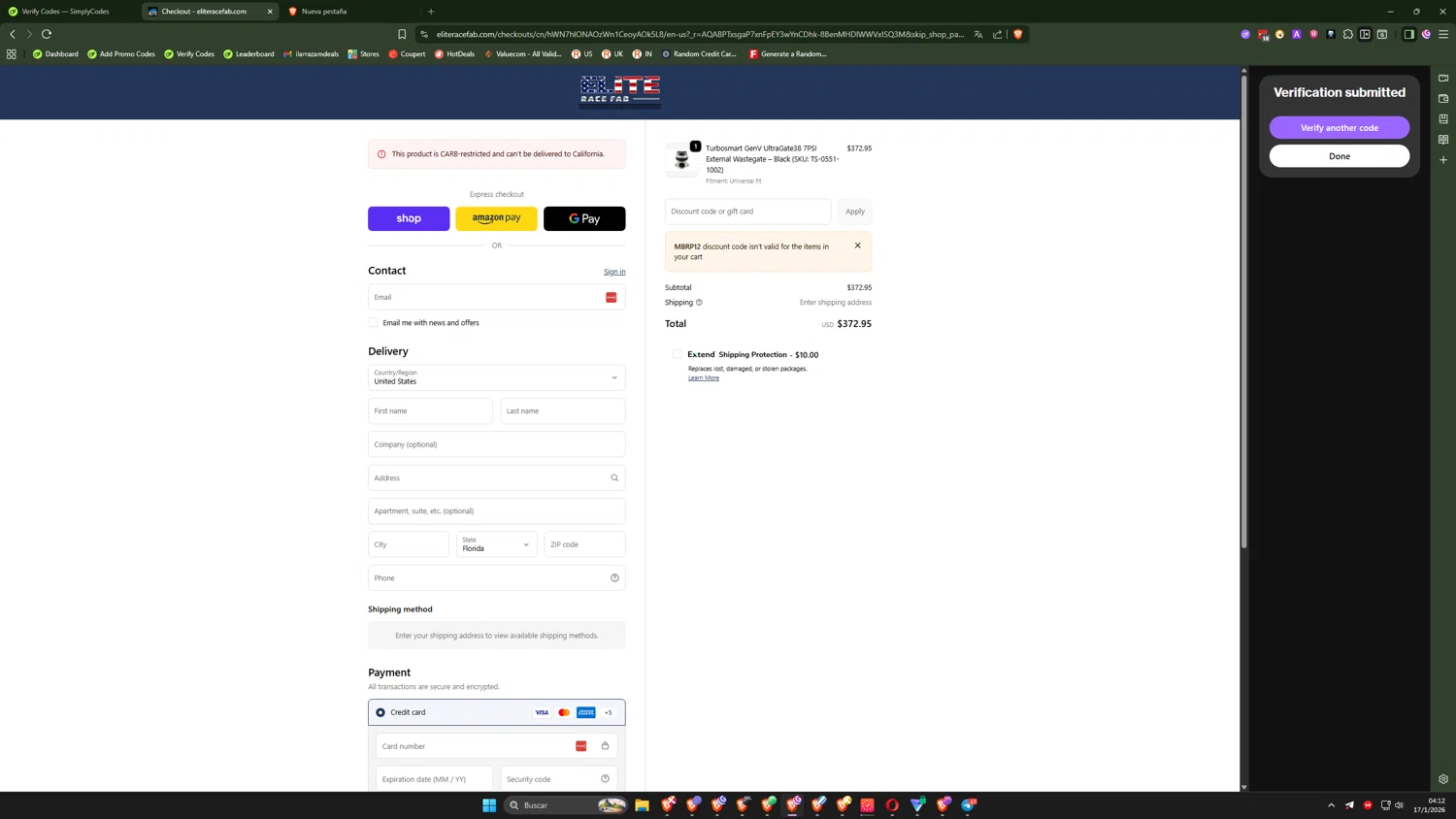 Elite Race Fab discount code screenshot showing code MBRP12 applied at Elite Race Fab checkout page. Uploaded by SimplyCodes community member CoreSeeker9184 on Jan 17, 2026