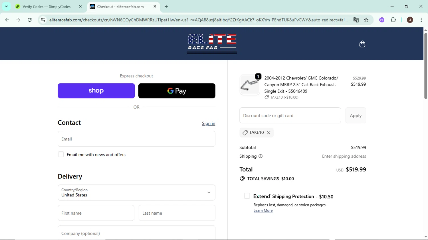 Elite Race Fab discount code screenshot showing code TAKE10 applied at Elite Race Fab checkout page. Uploaded by SimplyCodes community member LegendaryAce8627 on Dec 10, 2025