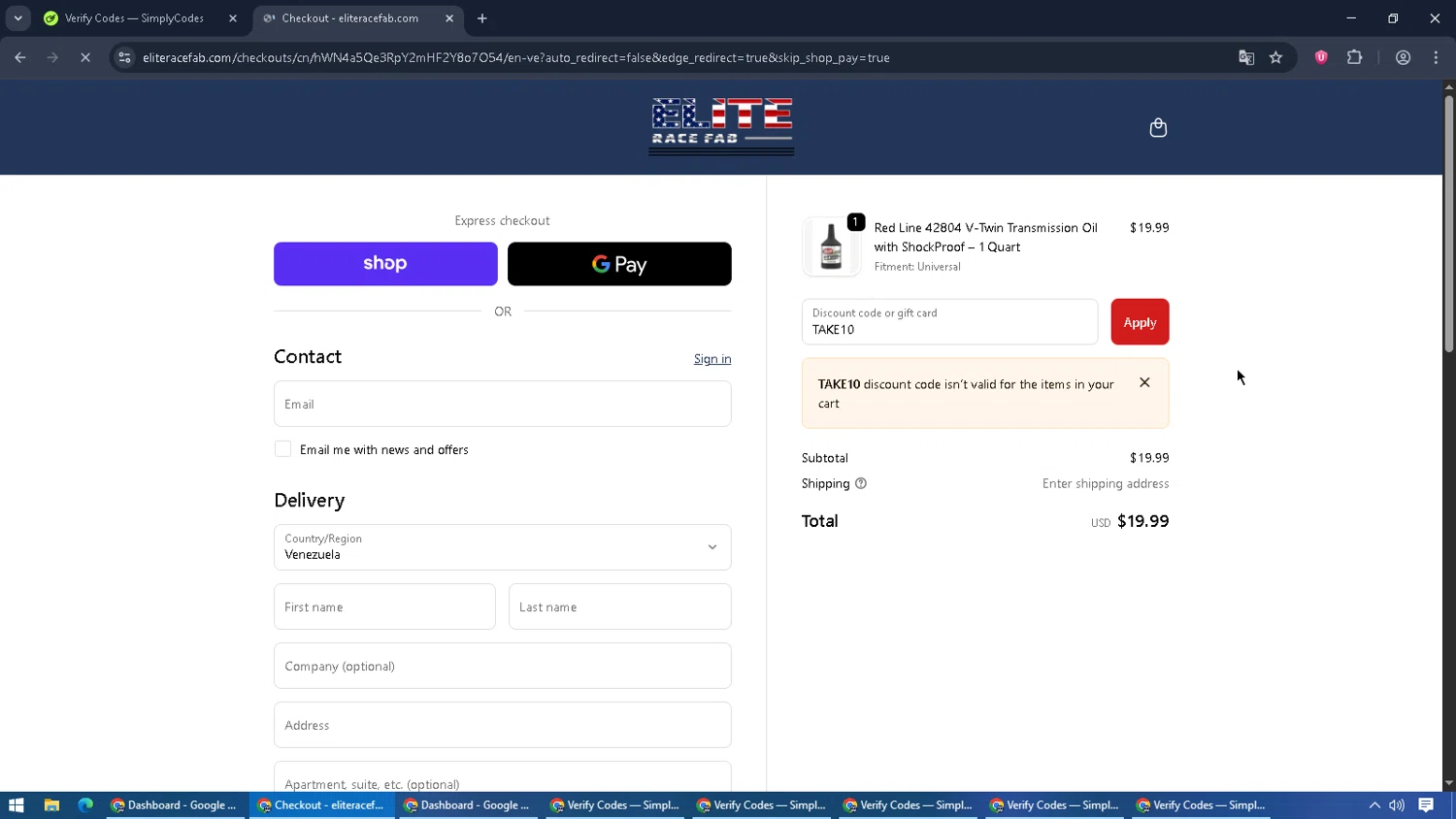 Elite Race Fab discount code screenshot showing code TAKE10 applied at Elite Race Fab checkout page. Uploaded by SimplyCodes community member RebateCaptain6440 on Oct 27, 2025