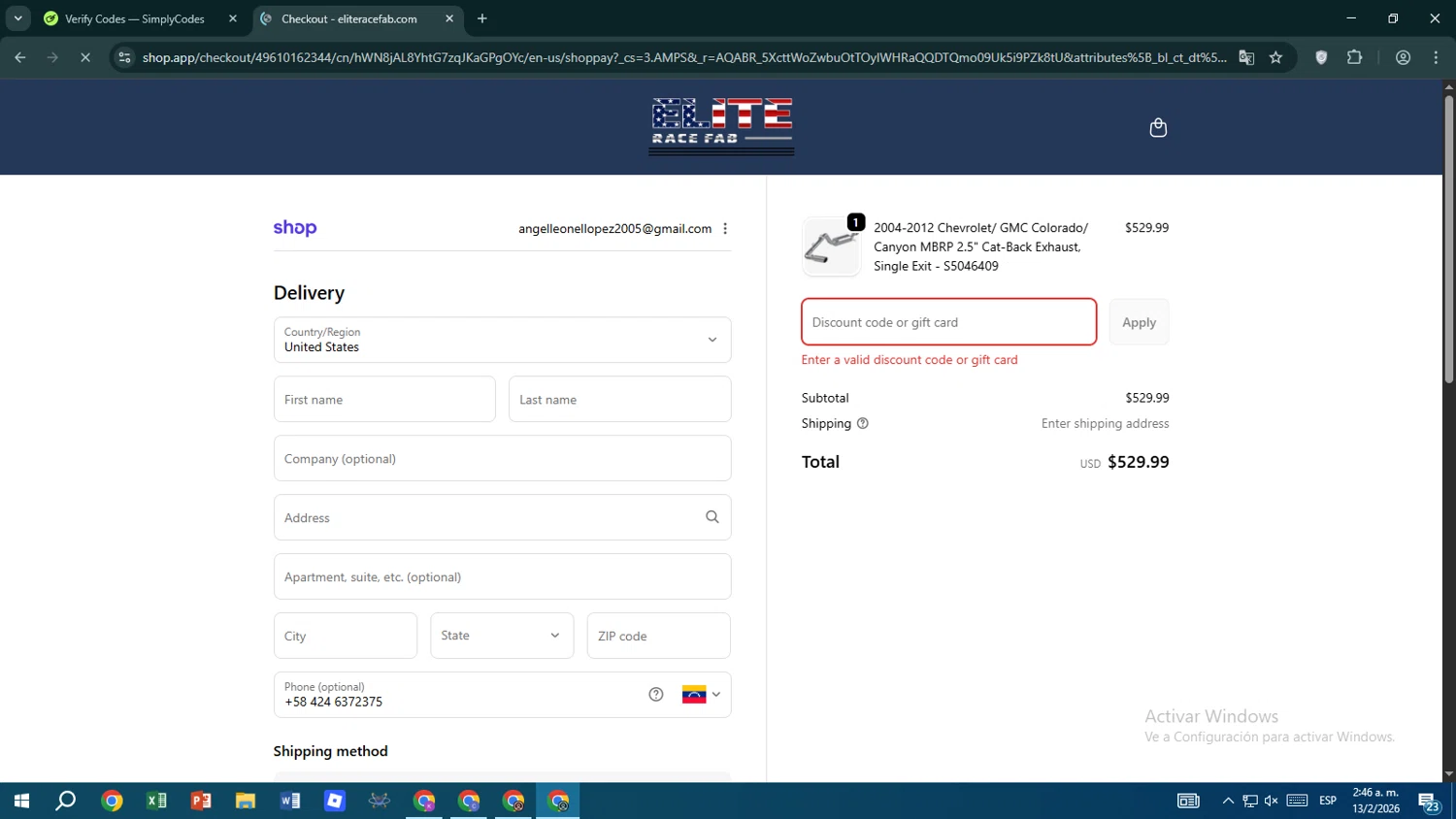 Elite Race Fab discount code screenshot showing code TAKE10 applied at Elite Race Fab checkout page. Uploaded by SimplyCodes community member maraxo on Feb 13, 2026